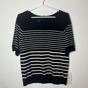 Talbots Sweater Womens Medium Black White Striped Short Sleeve Button Back